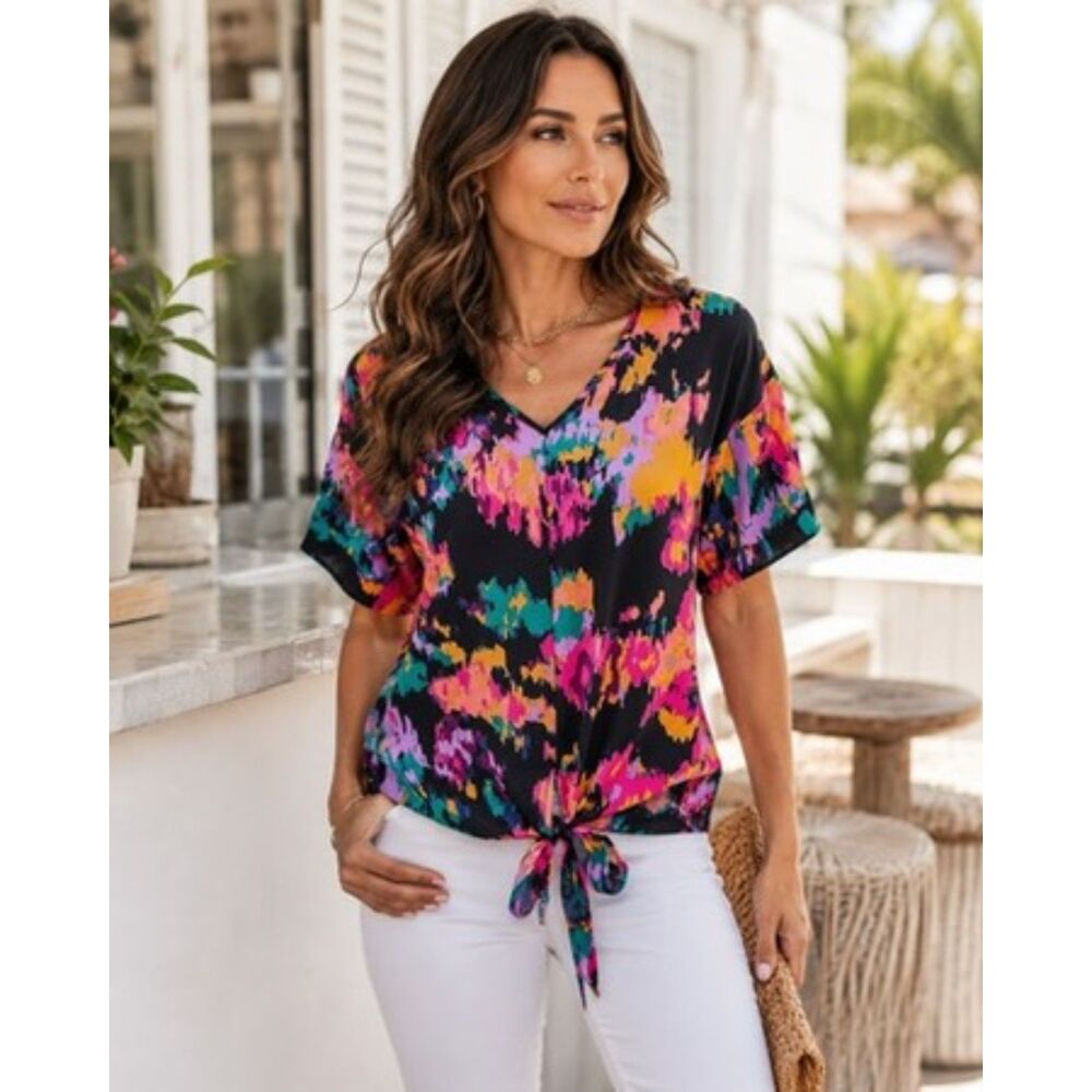 🎭🧵NWT Women's Top Size S Abstract Print V Neck Short Sleeve Tie Front Shirt